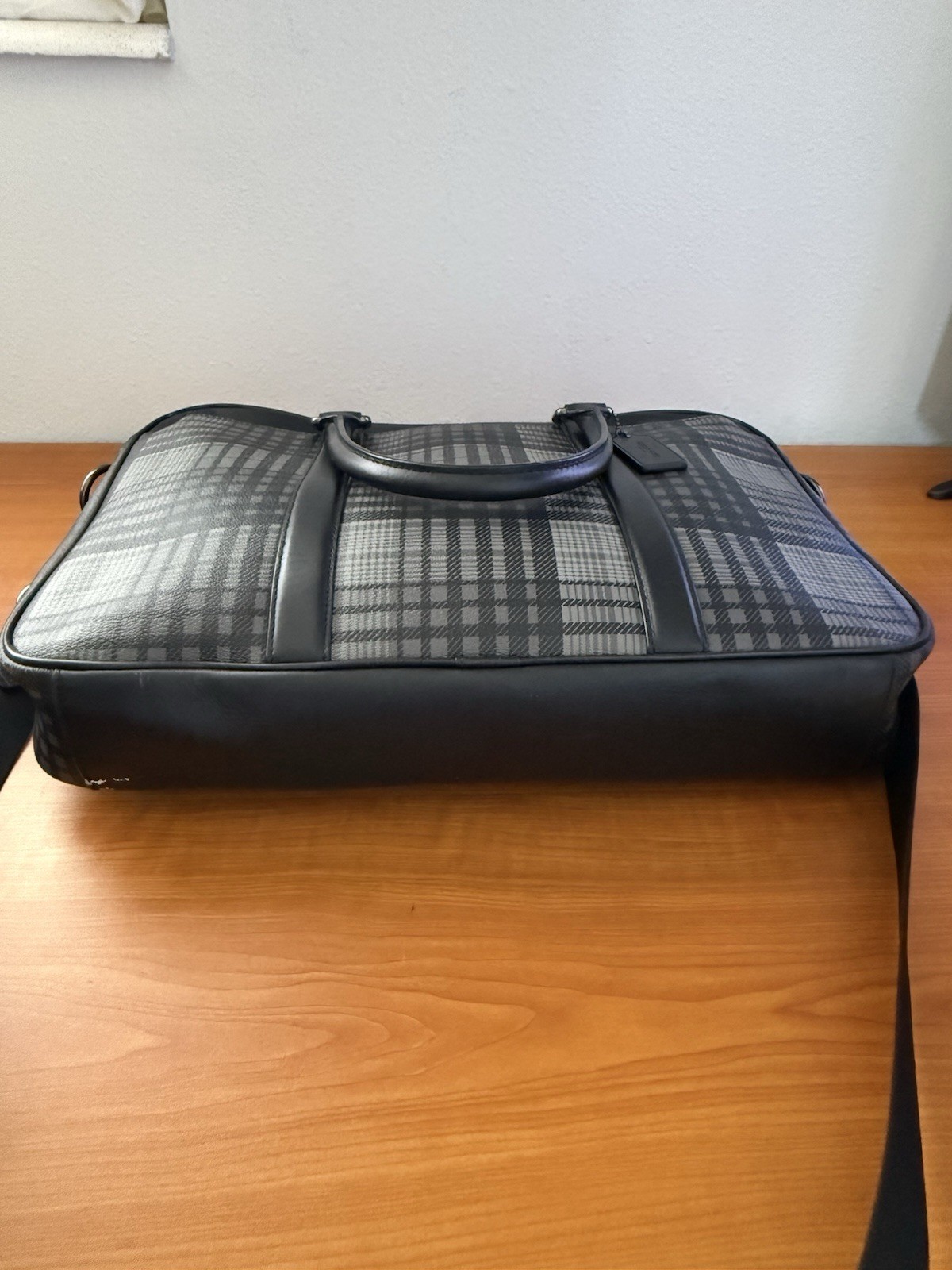 Coach Coated Canvas & Leather Perry Black & Gray Twill Plaid Briefcase