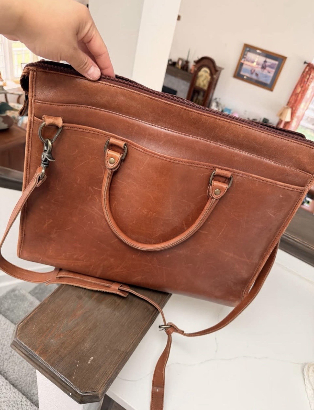 Eddie Bauer Brown Men’s Briefcase Zip/Button, Adjustable Strap, Pockets
