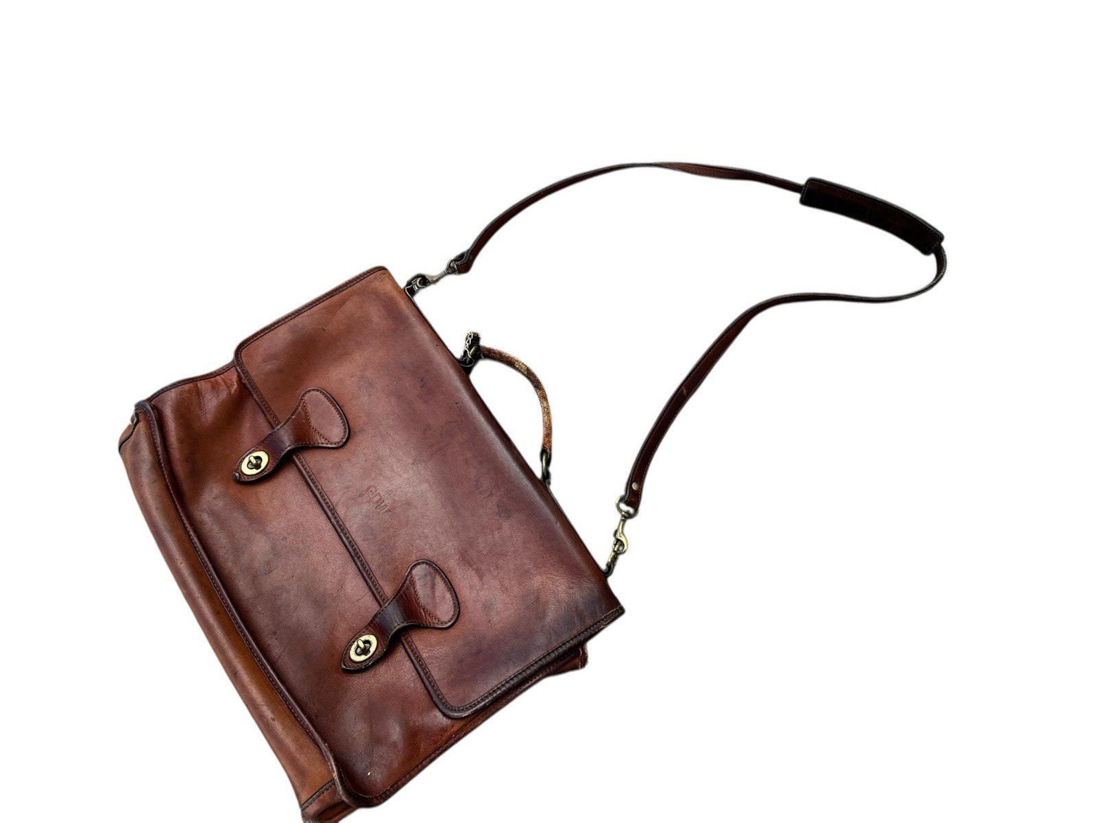 Vintage Jack George Brown Worn Leather Turn Lock Briefcase! 16x12x5in