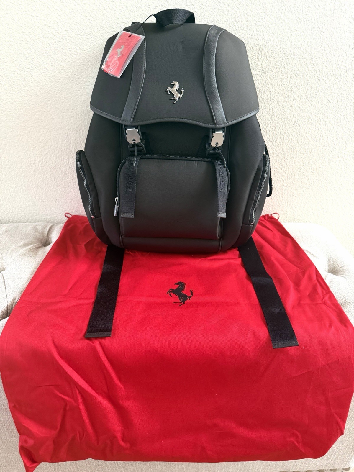 Ferrari Purosangue Black Leather & Nylon Backpack with Storage Bag Included