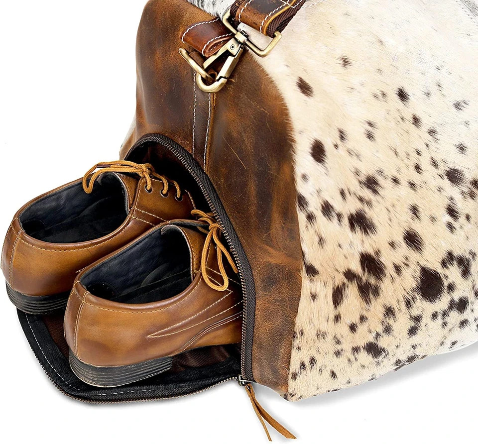 CLA Cowhide & Leather Travel Bag, Hair on Leather Duffel Bag for Men, Leather Du