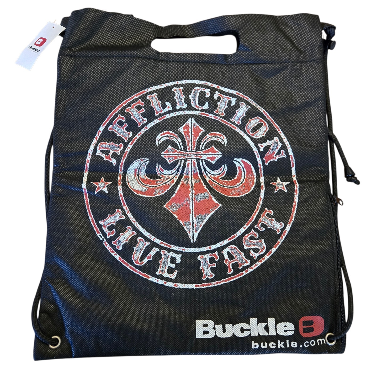 Vtg Buckle Affliction Live Fast Drawstring Backpack w Insulated Lining & Handle