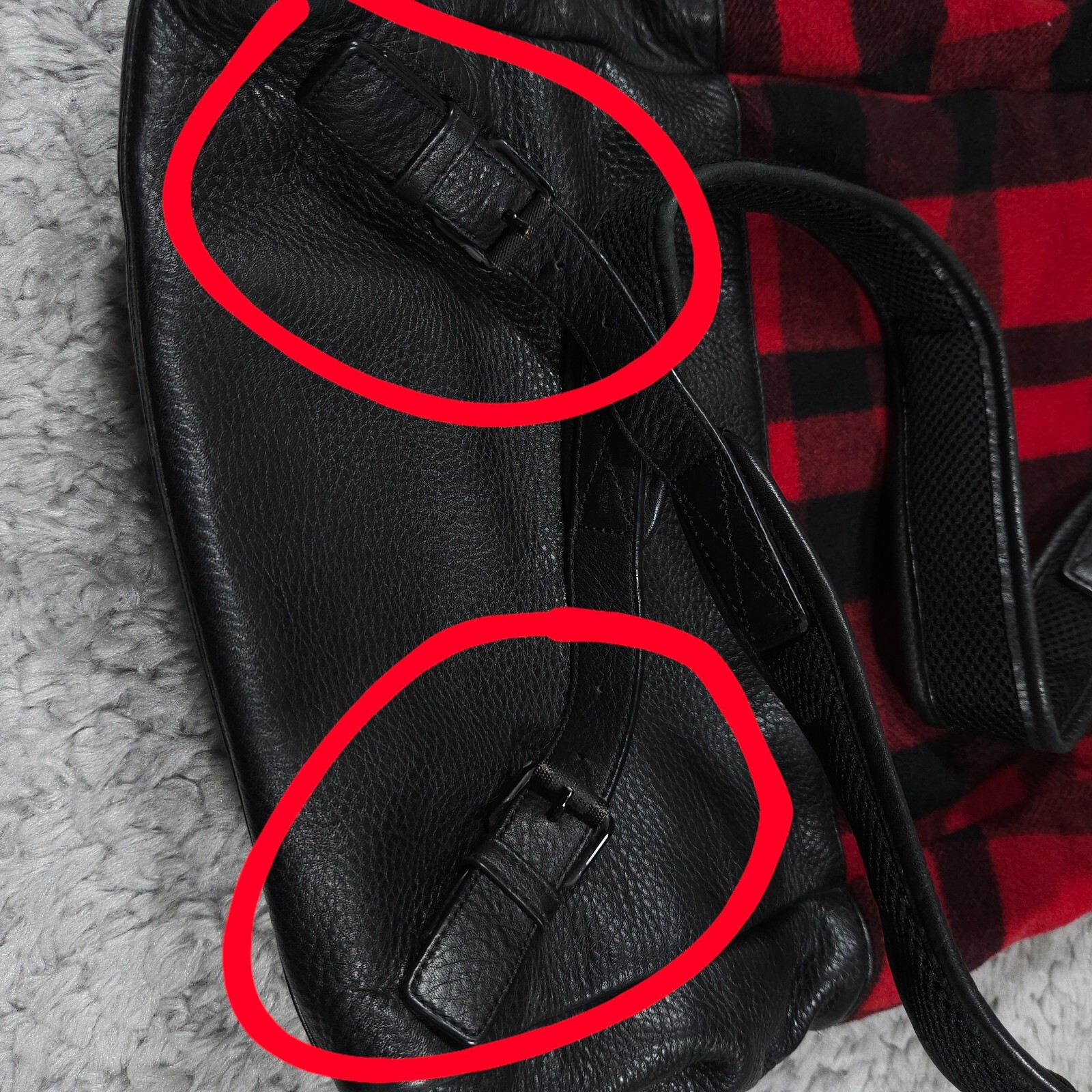READ Mcq by Alexander Mcqueen Red Black Buffalo Plaid Wool Leather Backpack
