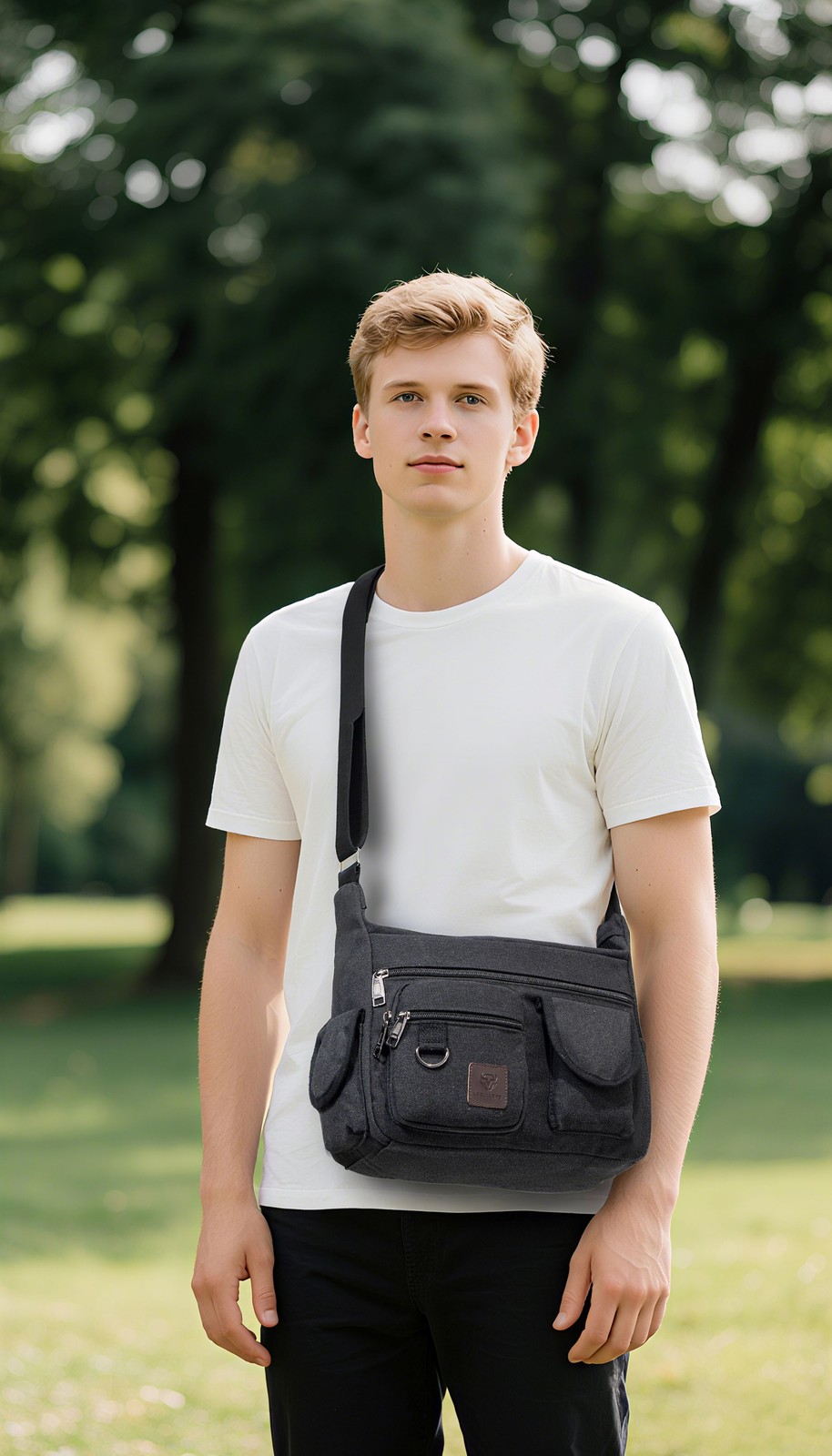 Men’s Canvas Shoulder Crossbody Bag Casual Work Travel Multi-Pocket Satchel