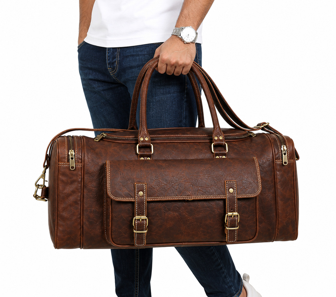 Handmade Rustic Leather Duffle 21in Vintage Weekender Carry On Travel Bag Large