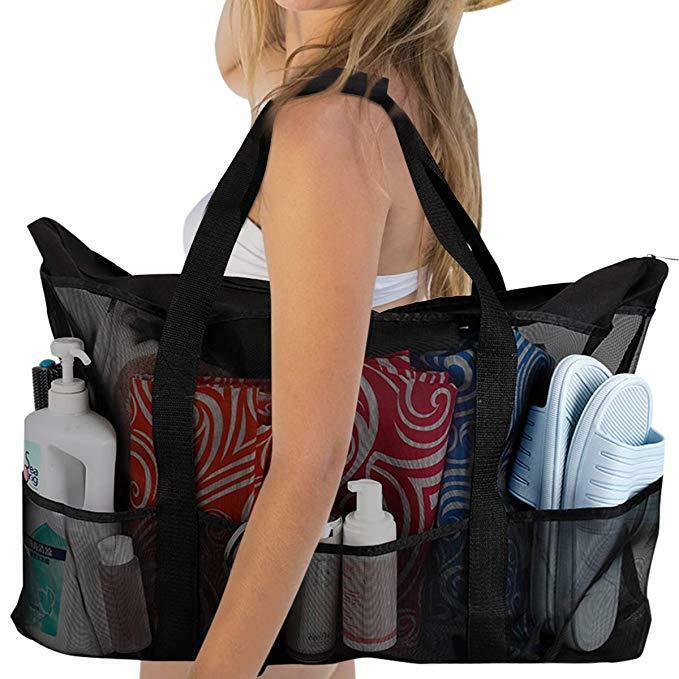28″x15″ Extra Large Summer Beach Mesh Bag Tote w/Zipper & 8 Pockets XL Sandproof