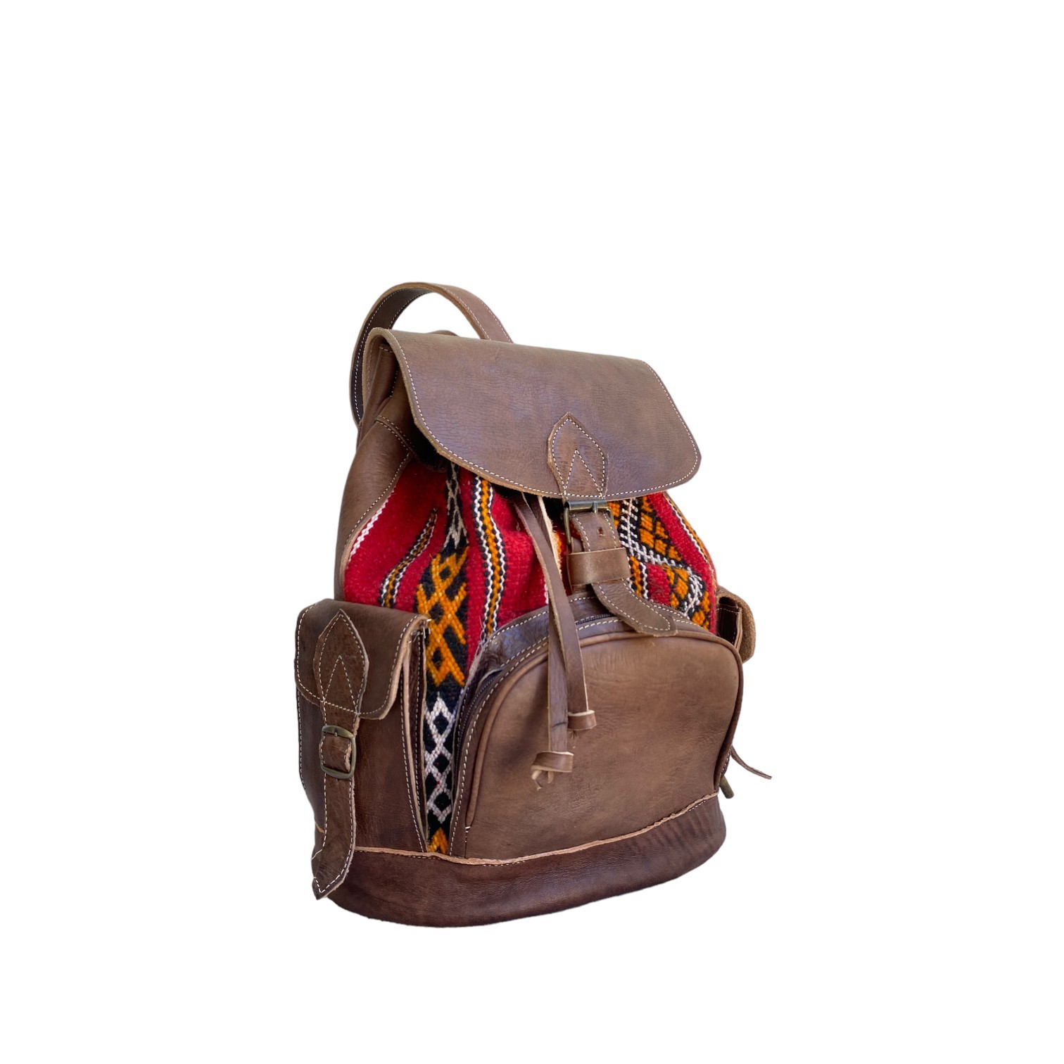 Brown Leather Kilim Backpack Red Handmade Morocco 2 Zip Pockets Artisan