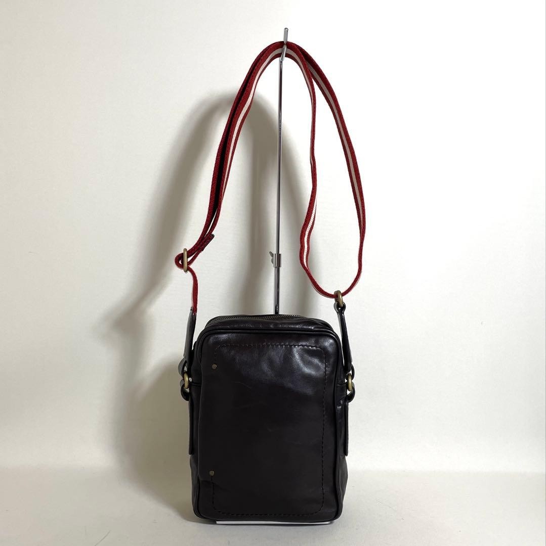 Authentic Bally Leather Dark Brown Shoulder Bag 21cm Compact Mens Bag