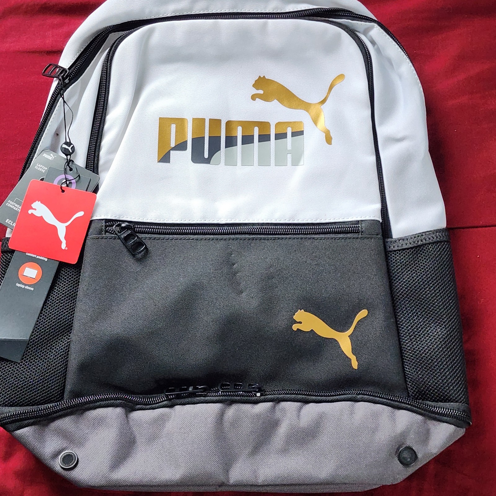 PUMA Men’s Backpack White Black Gold Zip Outer Pockets Casual Solid