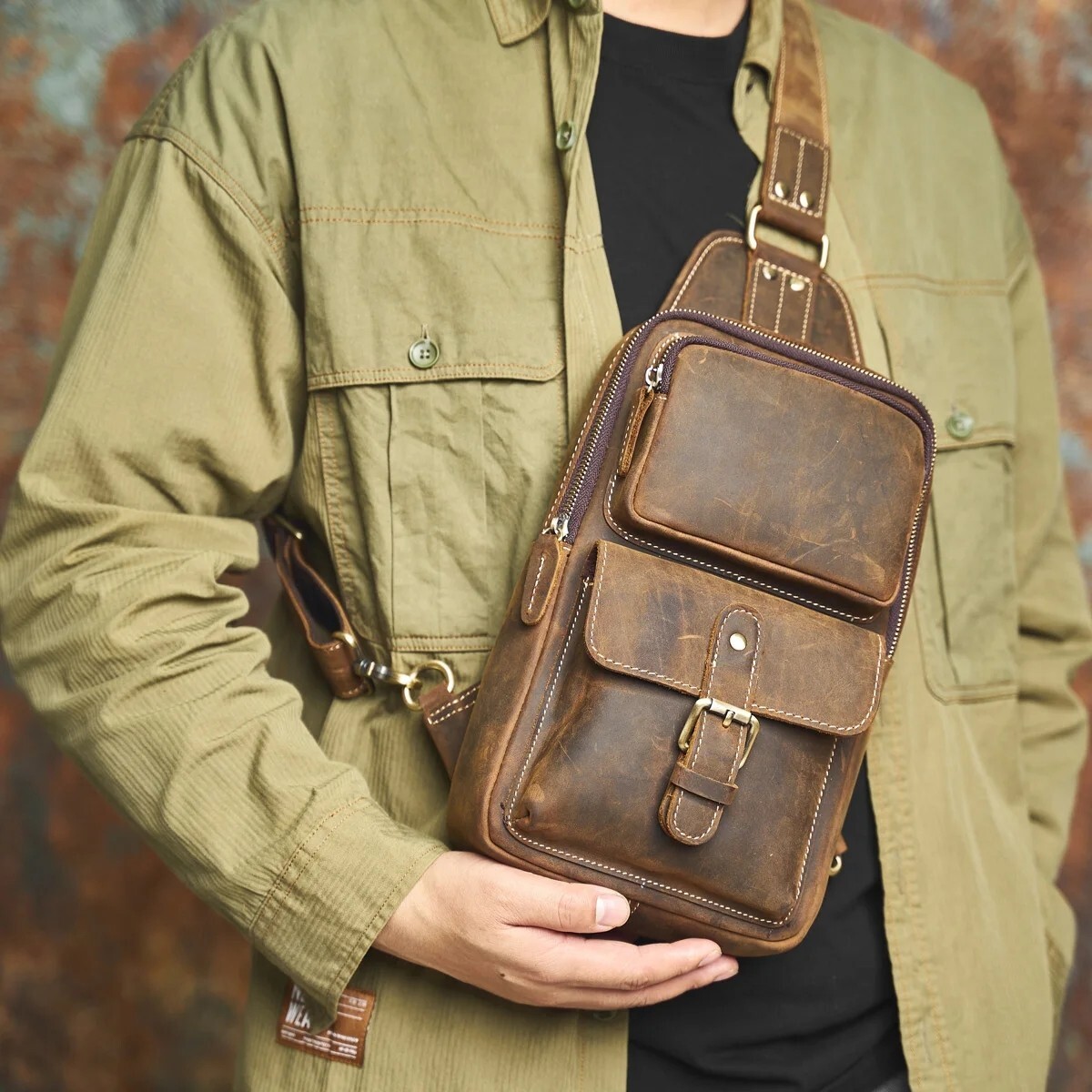 Genuine Leather Men’s Chest Bag Vintage Sling Bag Crossbody Shoulder Bag Casual