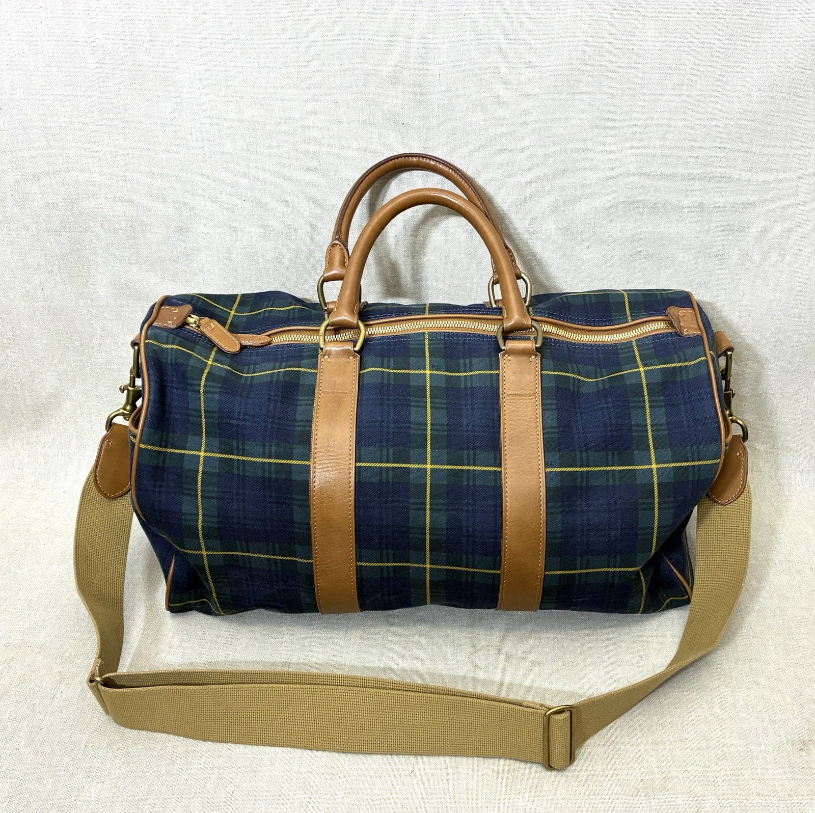 Polo Golf Ralph Lauren Canvas Leather Tartan Duffel Carry On Bag