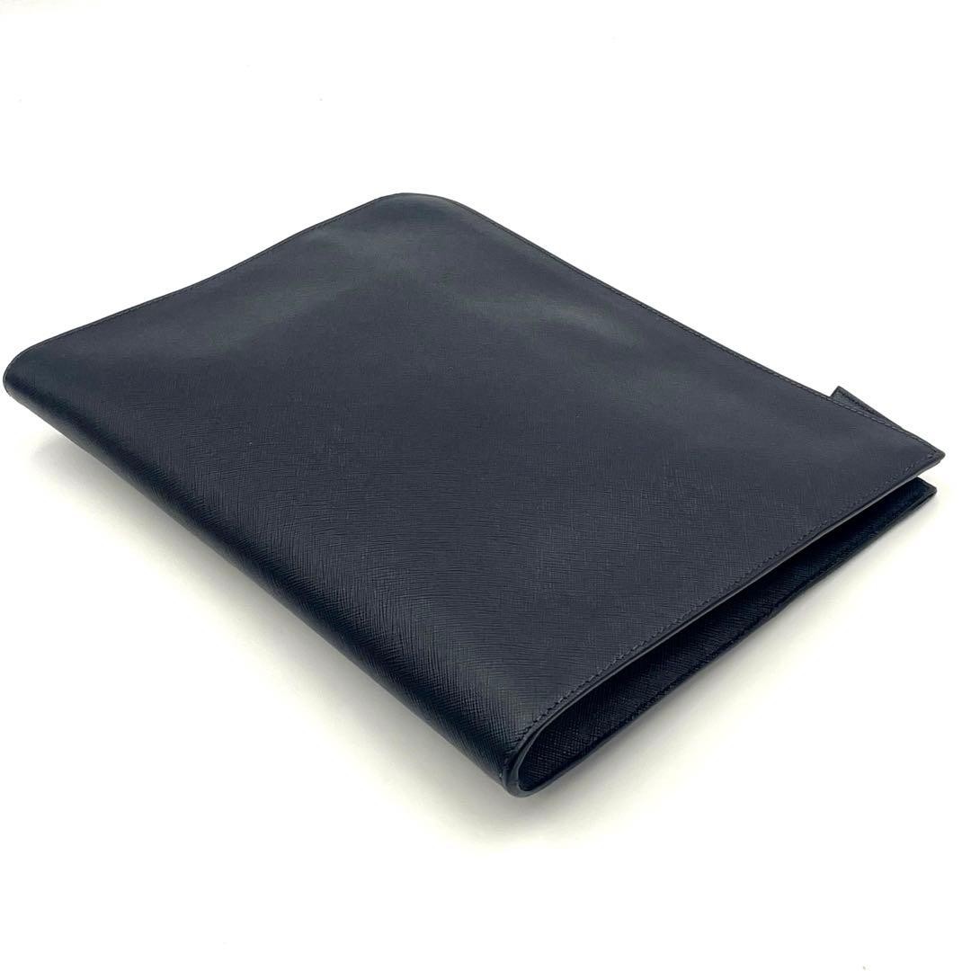 PRADA 2VN003 Saffiano Triangle Leather Clutch Bag Black A4 Business Case
