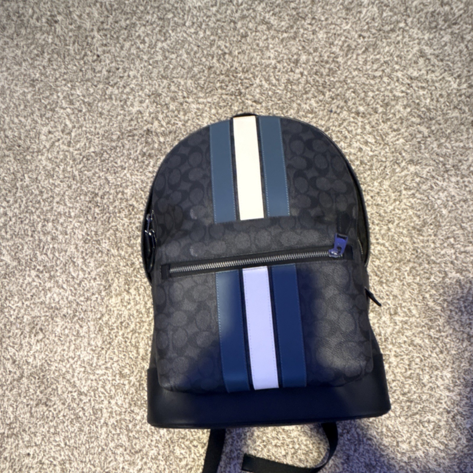 Coach Men’s Logo Stripe Backpack Black Blue White Adjustable Strap Inner Pockets