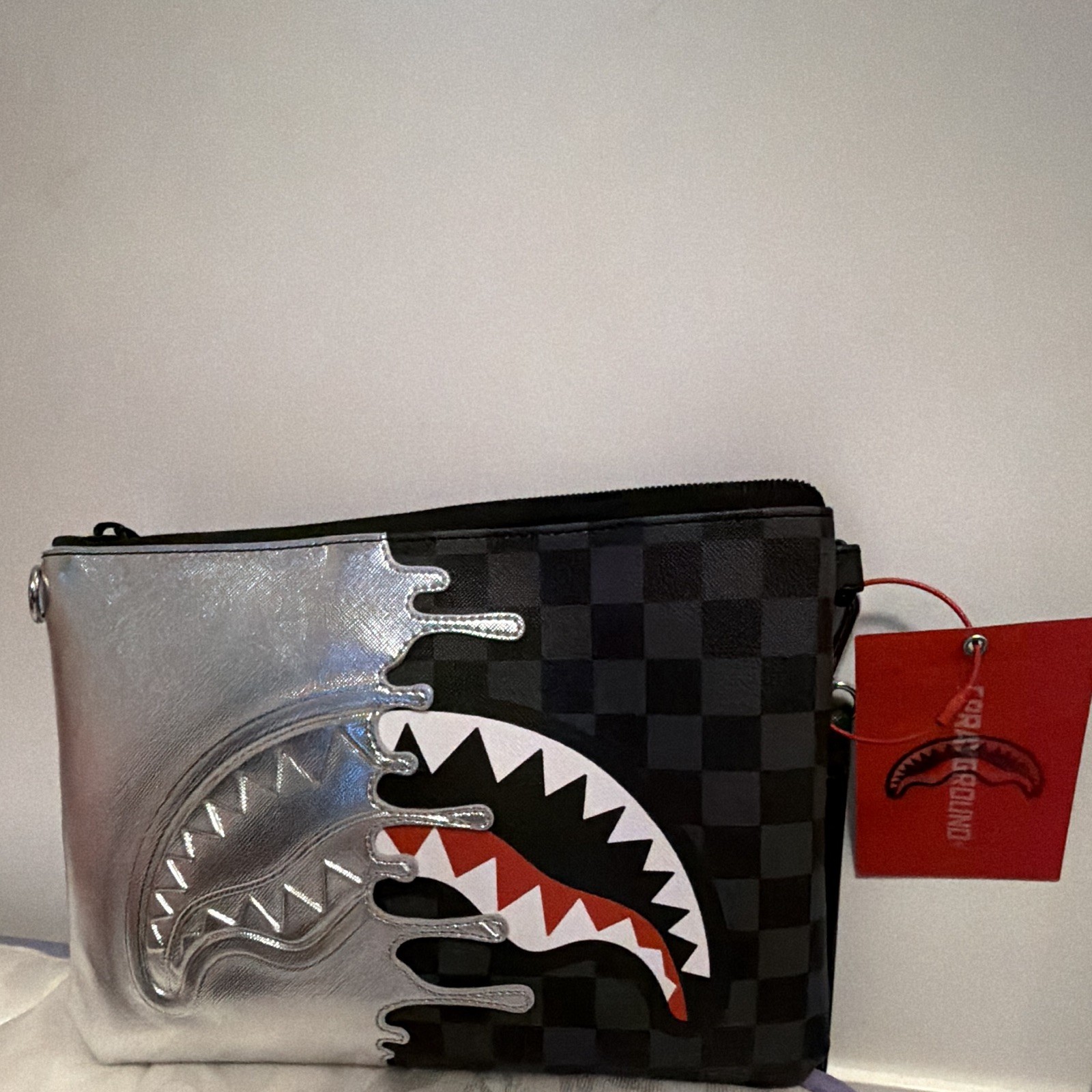 Sprayground Limited Edition Checkered Shark Mouth Crossbody Bag Silver/Black