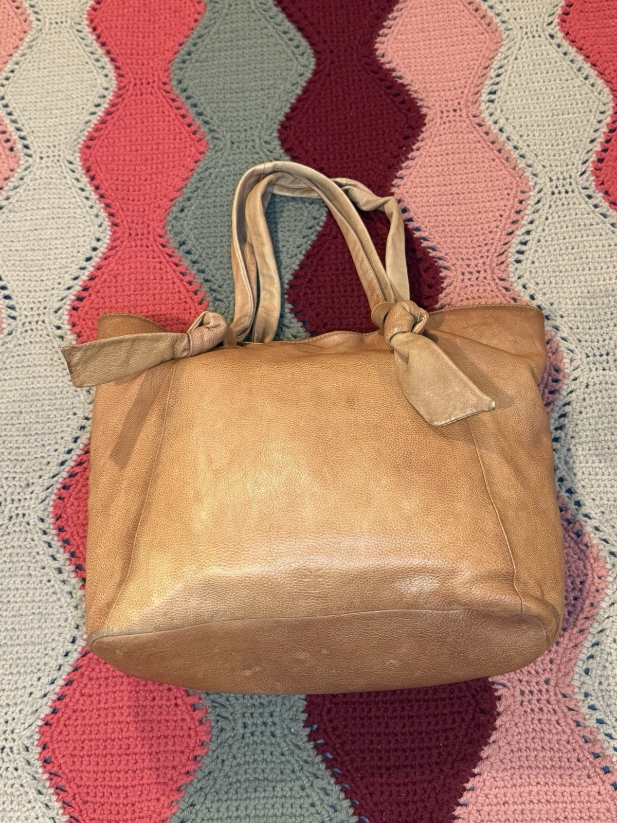 Frye Nora Knotted Tote Genuine Leather Shoulder Bag Two Tone Cognac Tan