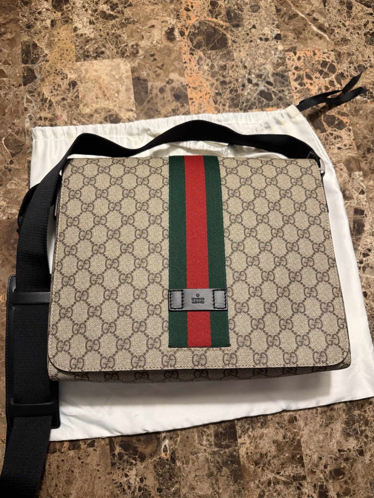 Gucci GG Supreme Web Stripe Messenger Bag Men’s Beige/Black Crossbody Authentic