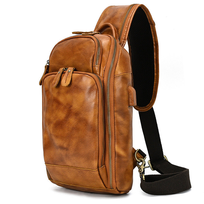 Men Vintage Genuine Leather Shoulder Bag Sling Crossbody Chest Travel Backpack