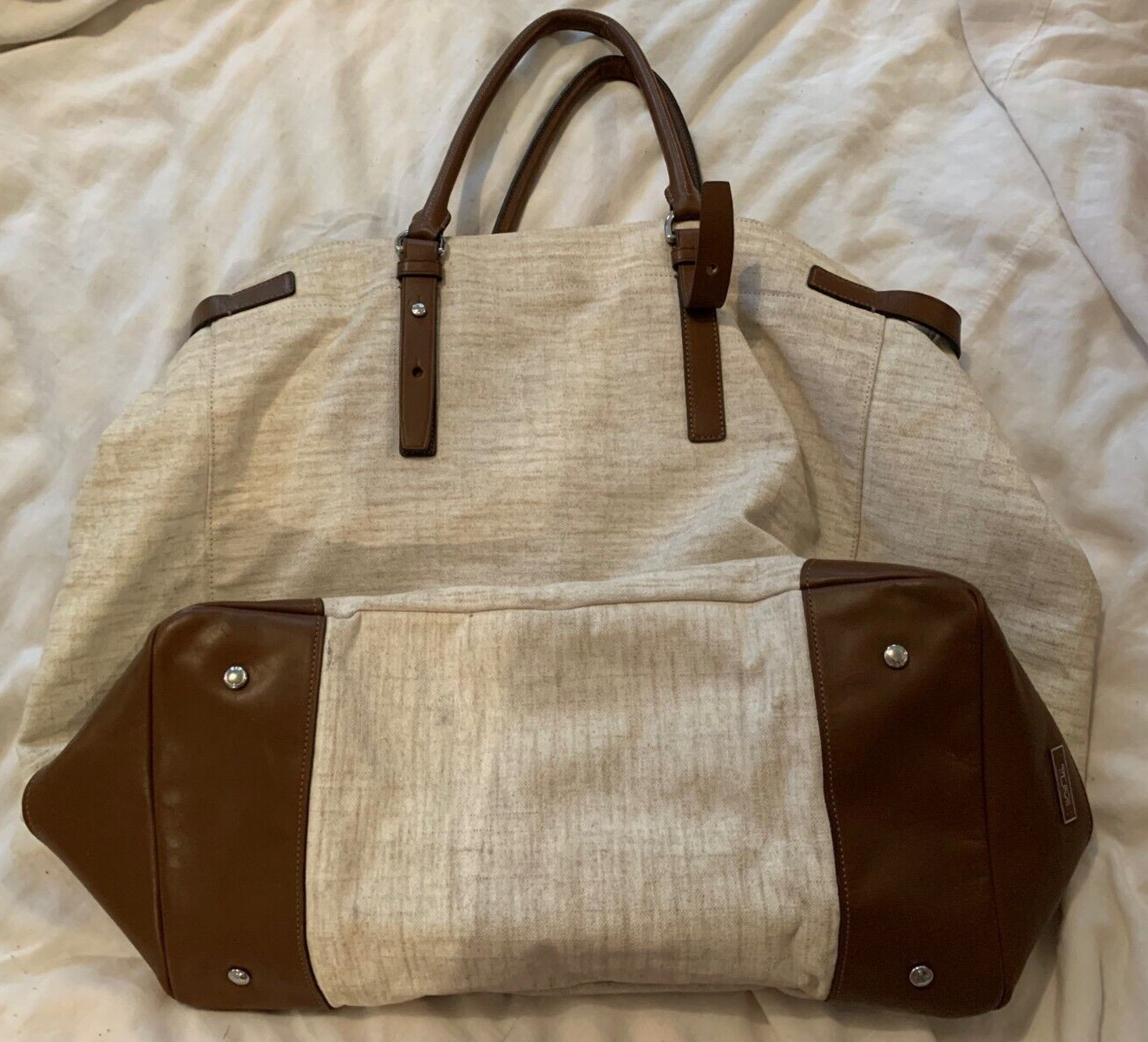 TUMI Alpha Linen Leather Travel Duffle Carry on Bag Tote Weekender Suitcase
