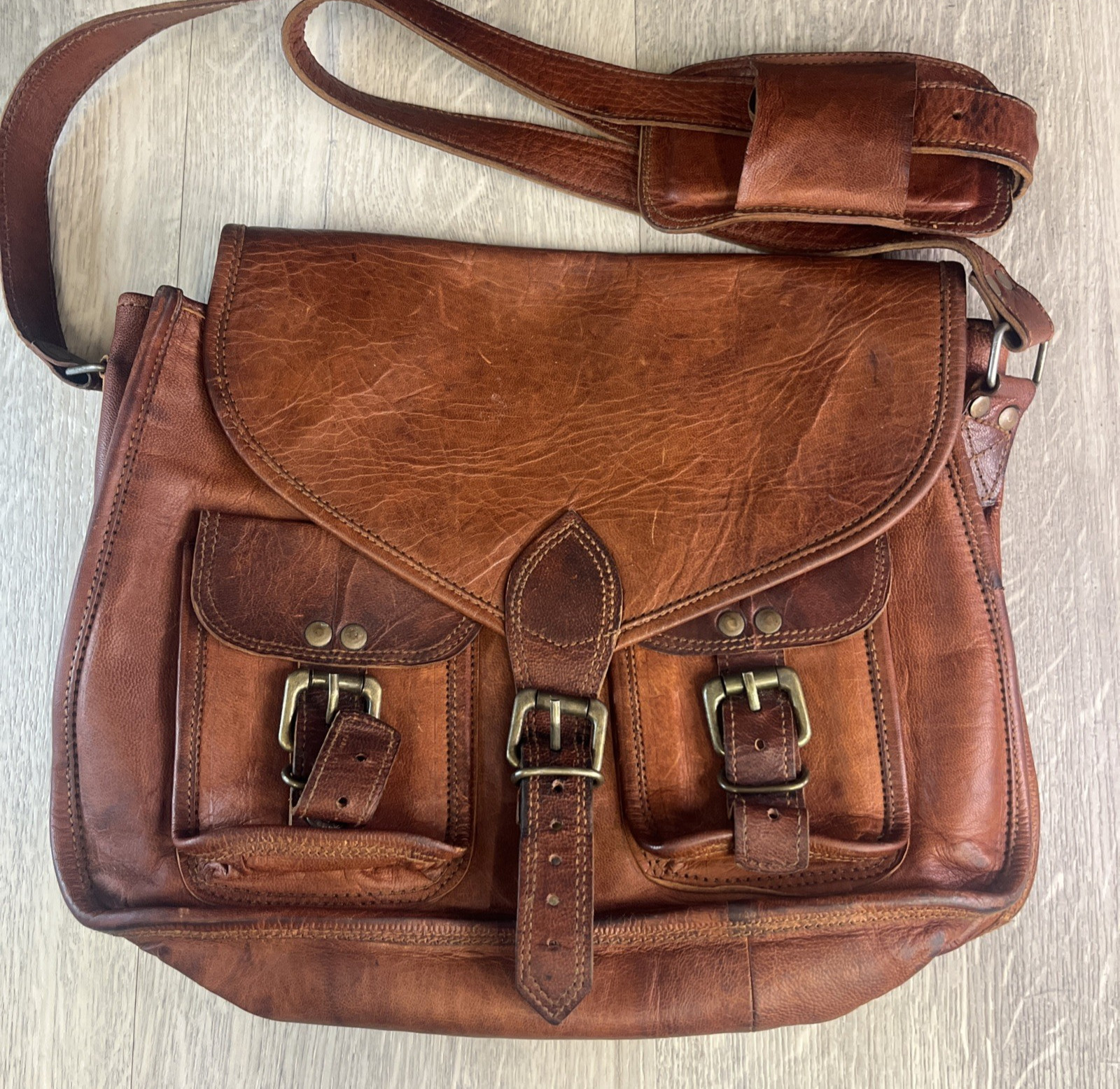 Komal’s Passion Leather Messenger Mail Bag Crossbody Brown Buckles Rustic VTG