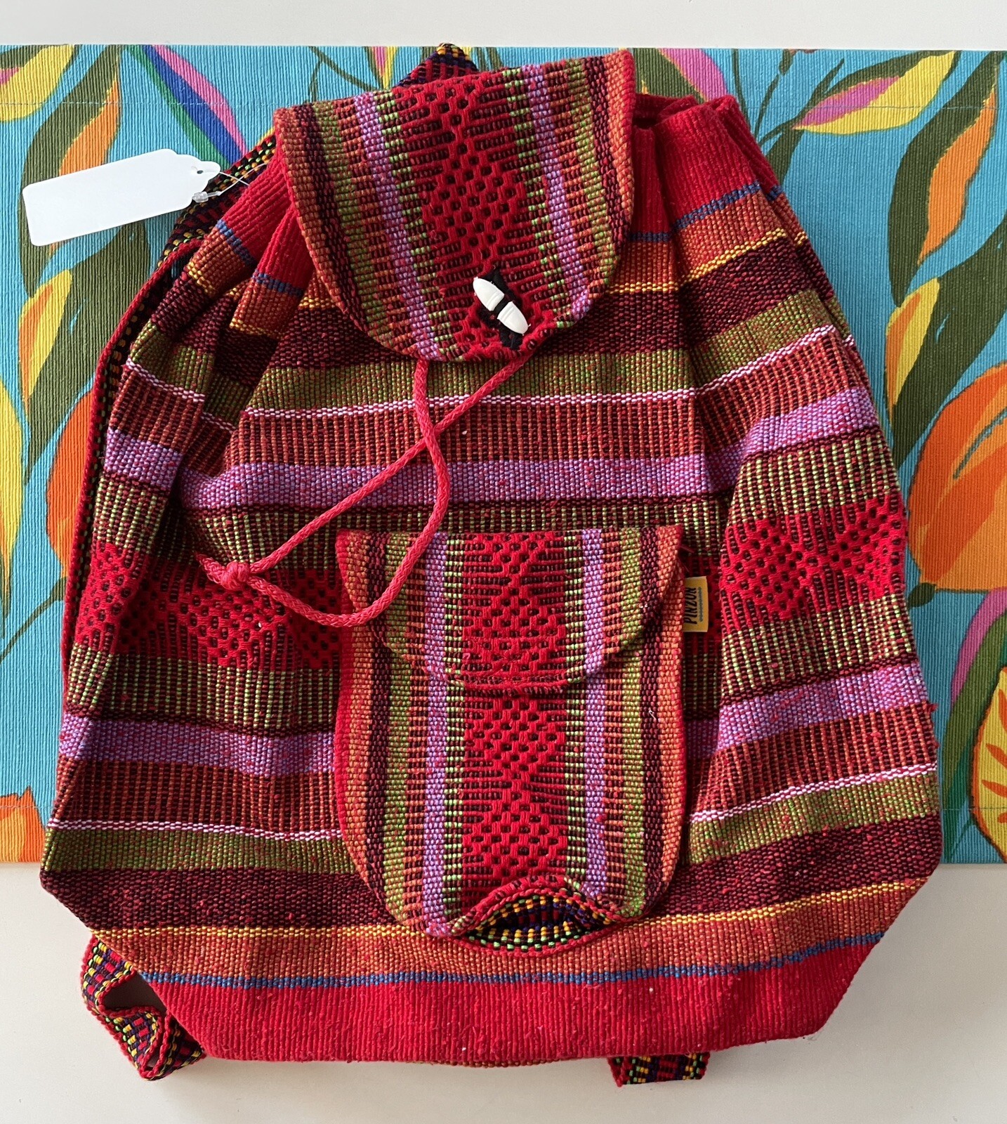 PINZON Red Baja Print Mexican Blanket Cuetzalan Drawstring Backpack Book Bag
