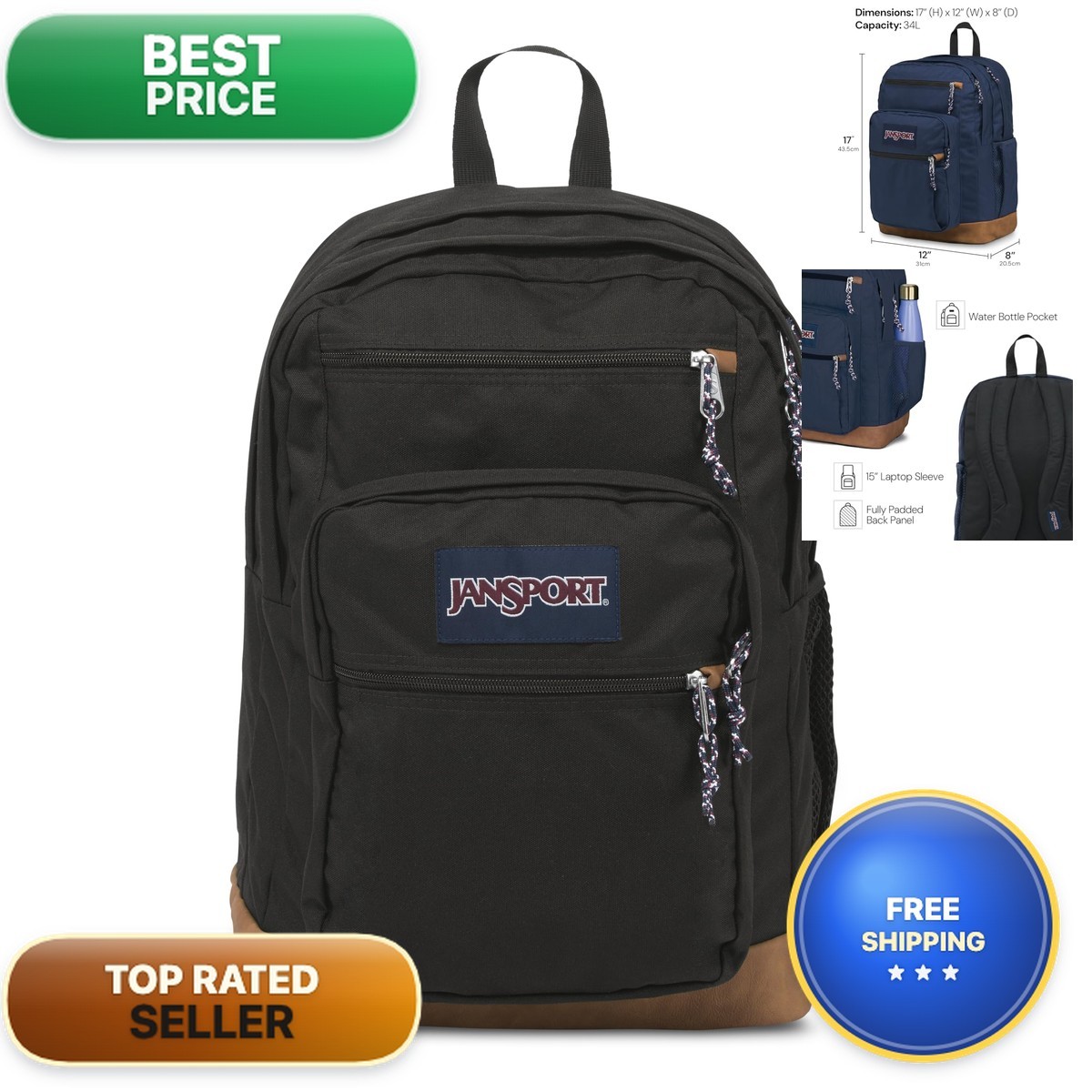 JanSport JS0A2SDD Backpack 15-inch Laptop Sleeve Black