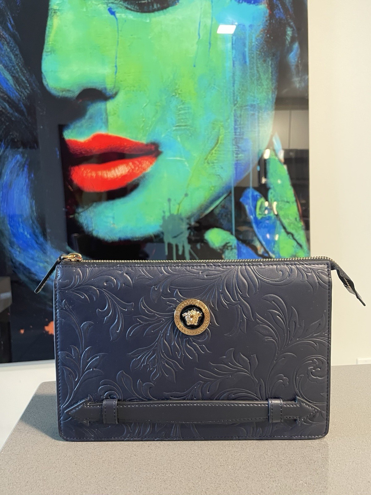 Versace Pouch Embrossing Calf Leather Navy Blue $900 Retail