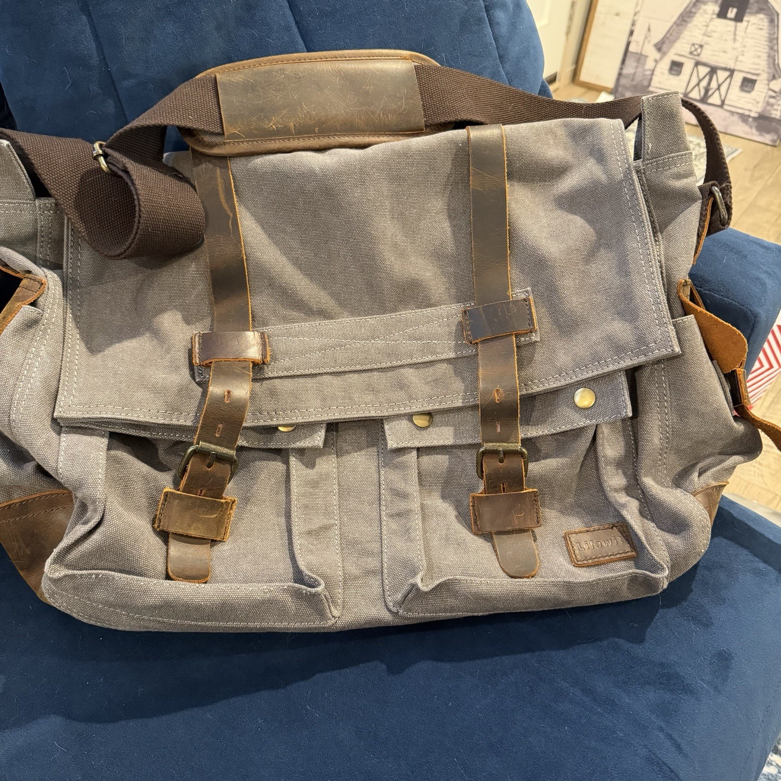 Lifewit Messenger Bag Gray Canvas Brown Leather Satchel Cross Body Shoulder