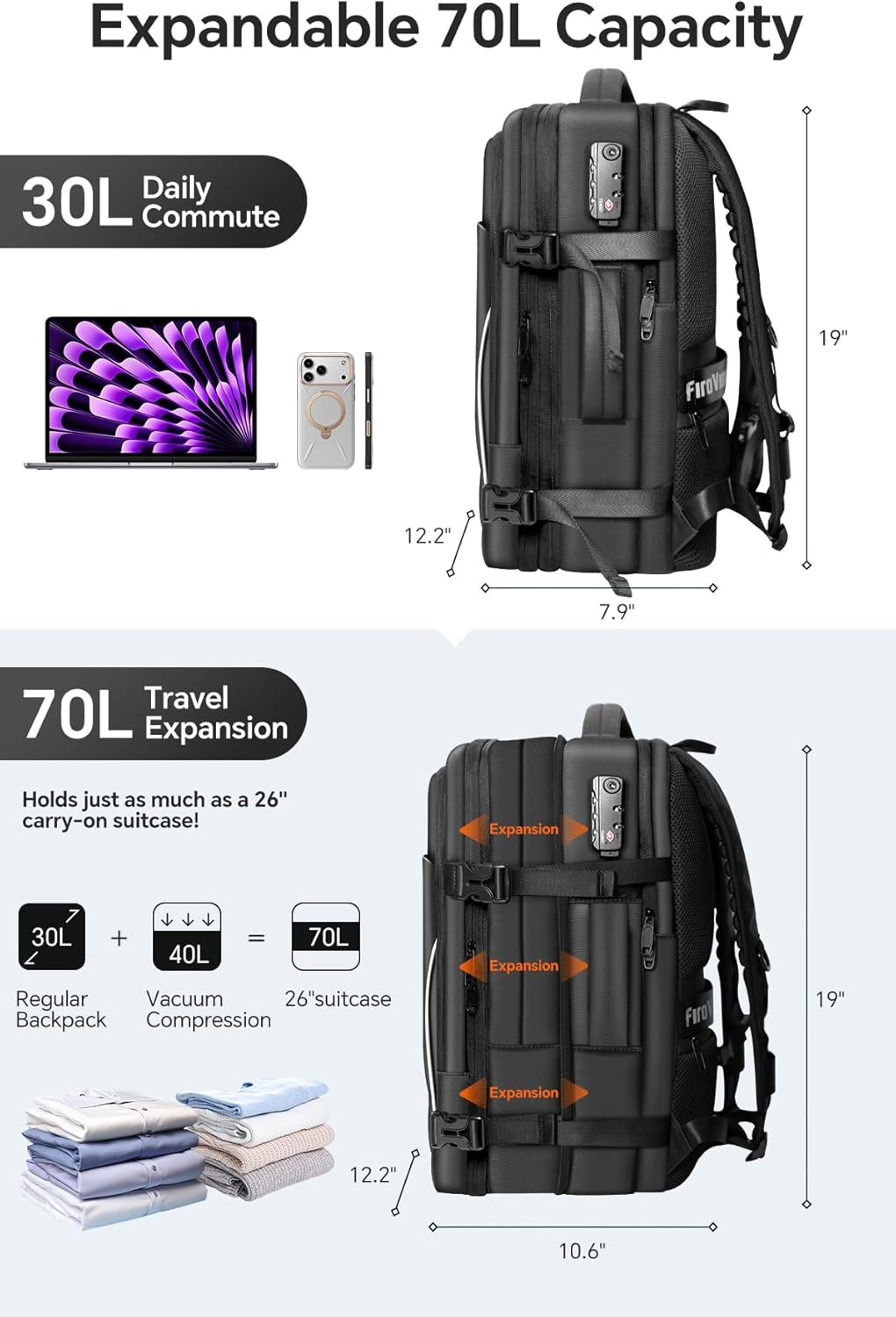 Vacuum Backpack Travel, 70L Expandable Carry on Backpack with Compression System