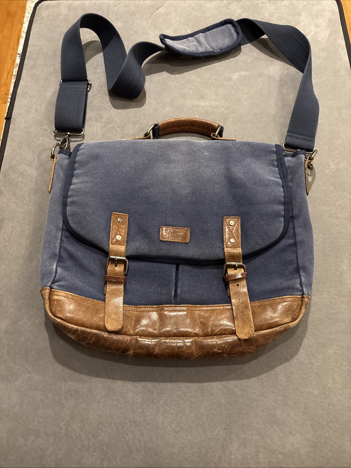 Original Penguin Messenger Bag Distressed Leather And Blue Canvas 17” X 15”