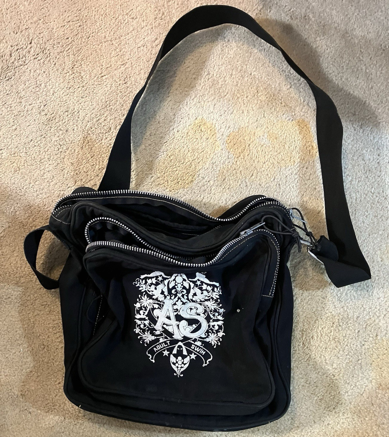 Adult Swim Black Messenger Bag Zip Closure Adjustable Strap Pockets