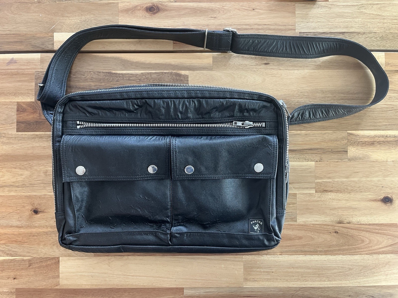 Porter International Men’s Messenger Bag, Black Adjustable Strap, Pockets