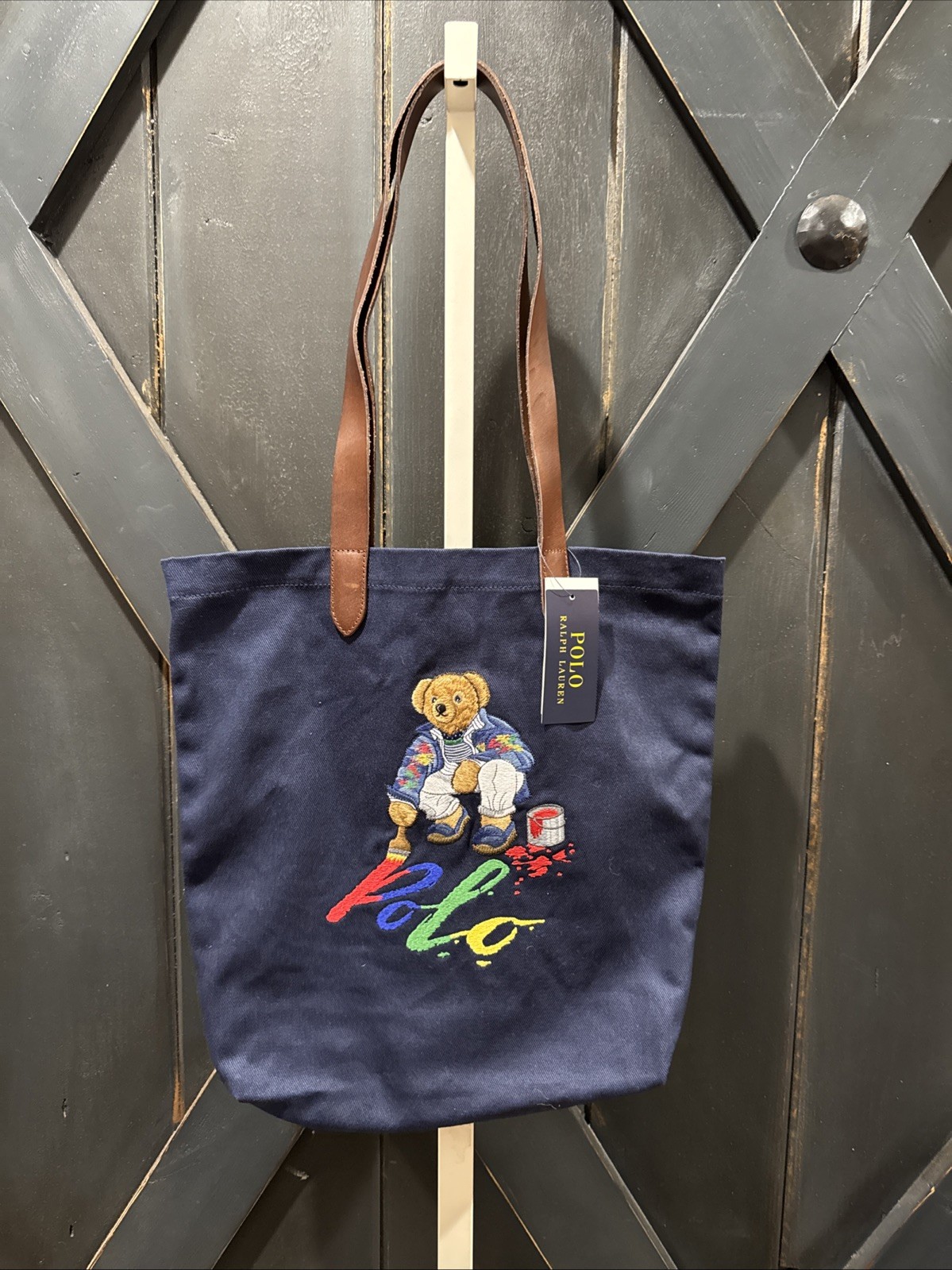 Polo Ralph Lauren Navy Cotton Twill Embroidered PAINTING BEAR LOGO Tote Bag NWT