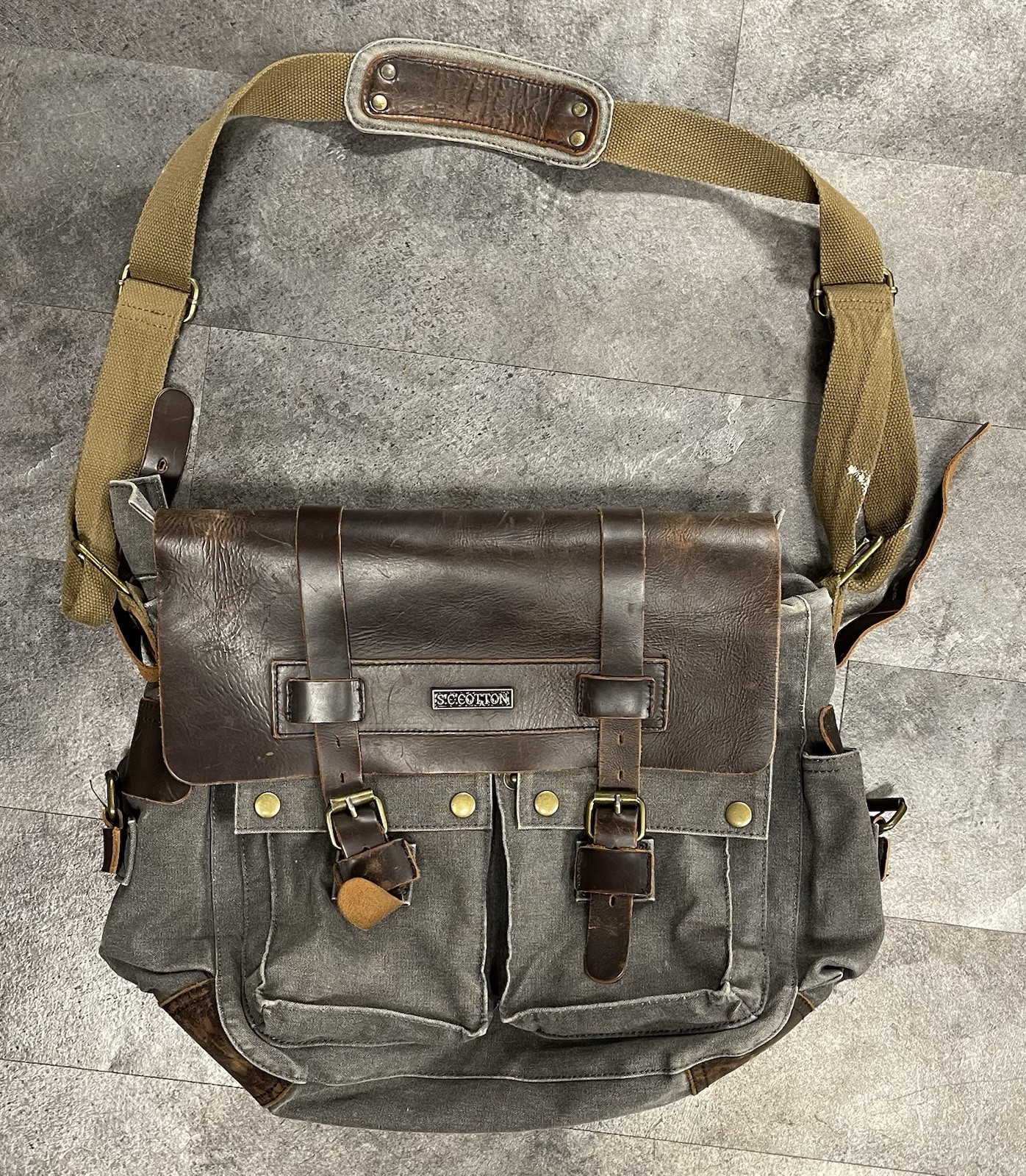 S.C. Cotton Gray Canvas Genuine Leather Messenger Bag Distressed