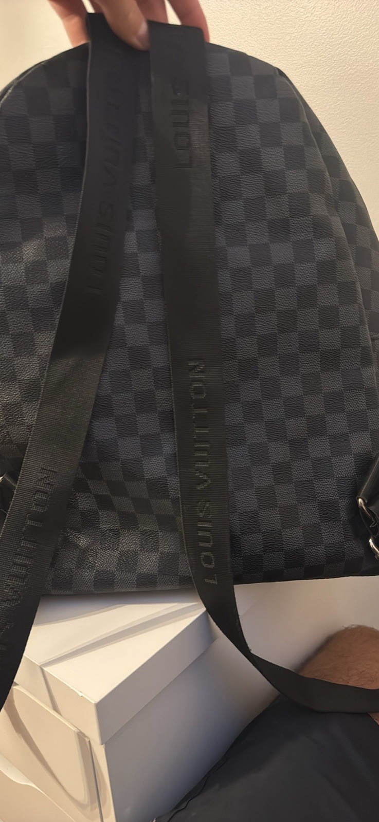 Louis Vuitton Men’s Checkered Zip Backpack Shoulder Strap Black Gray