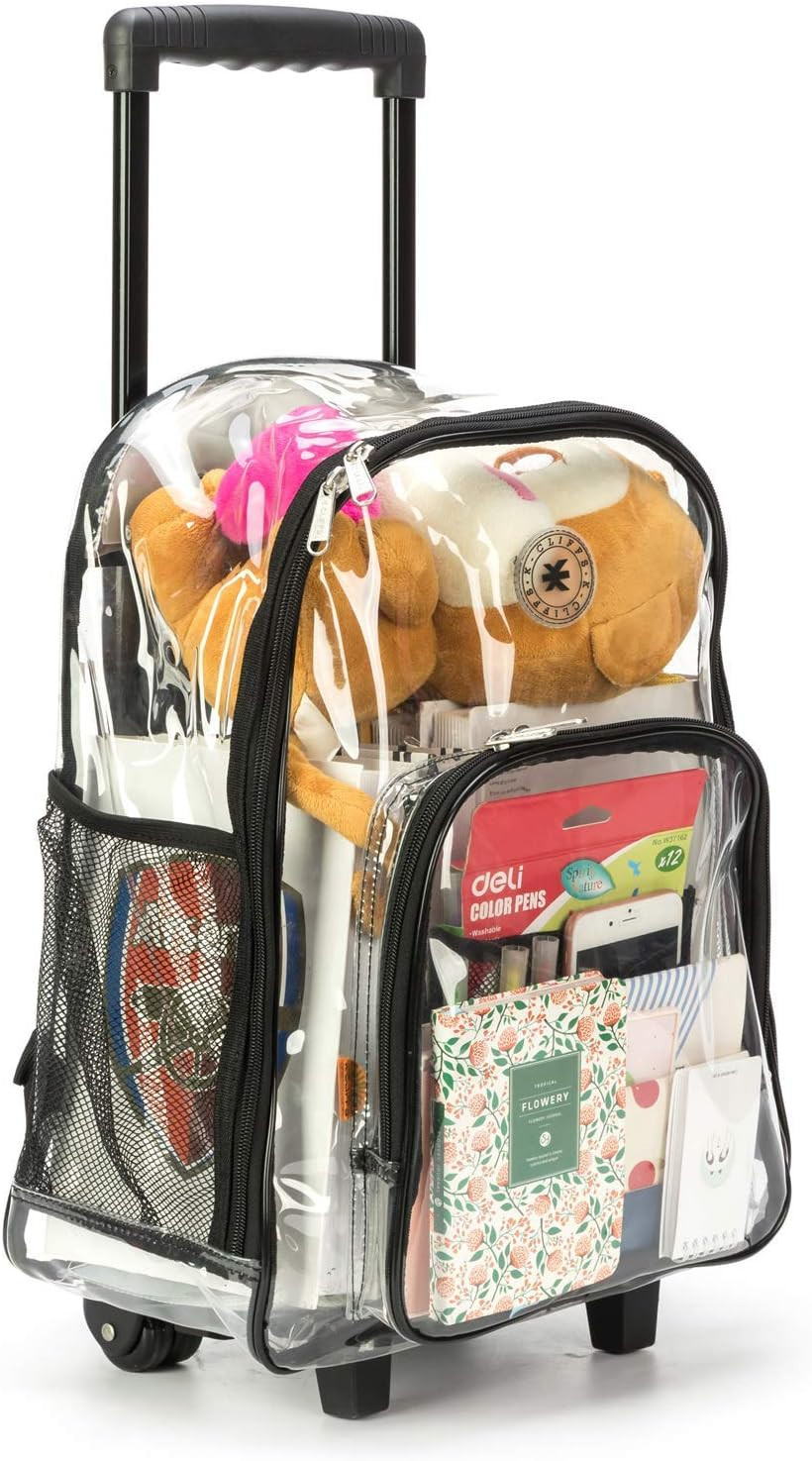 Rolling Clear Backpack Heavy Duty Bookbag Quality See through Workbag Travel Day