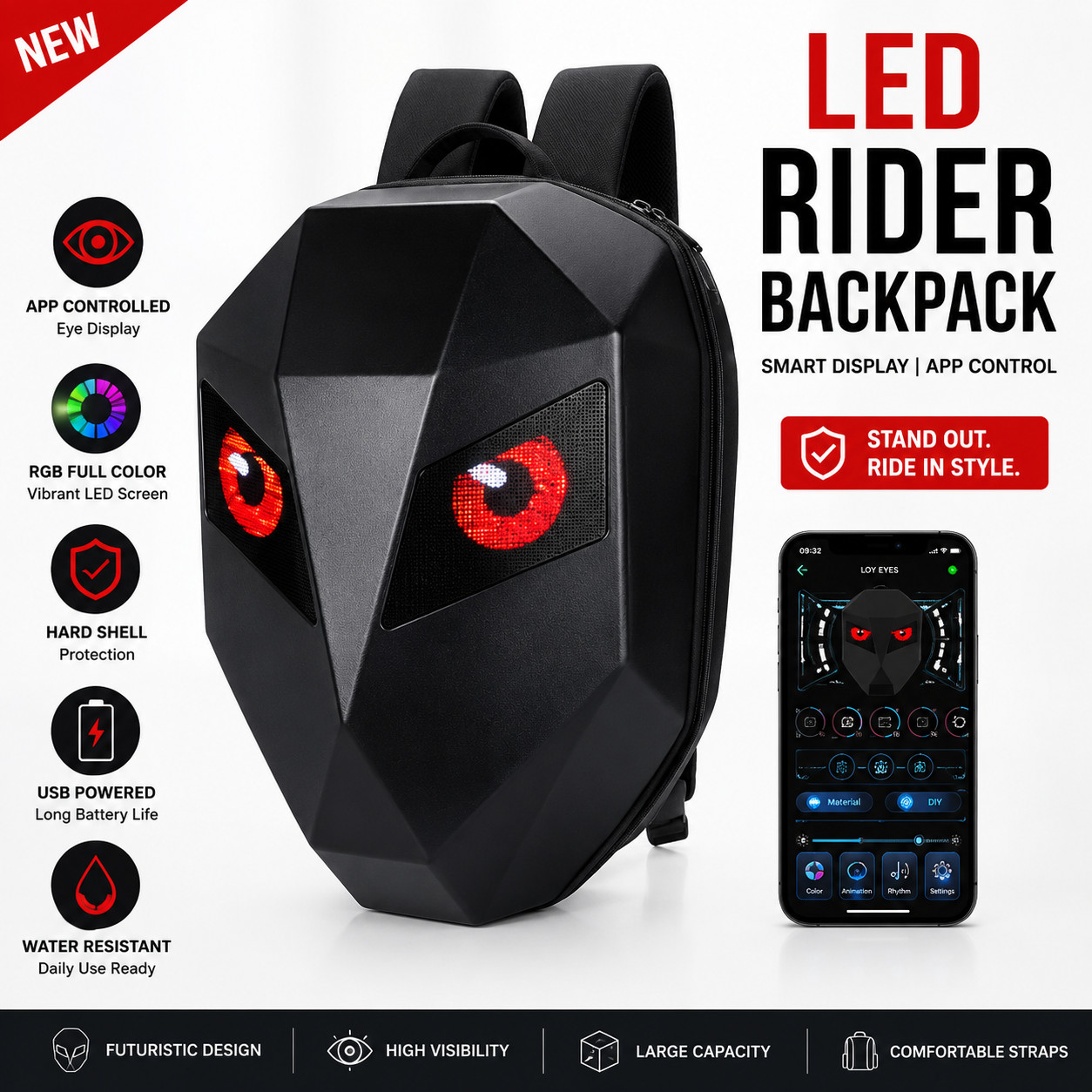 LED Motorcycle Backpack App Control RGB Eye Display Bag 18″ / 46cm Riding Pack