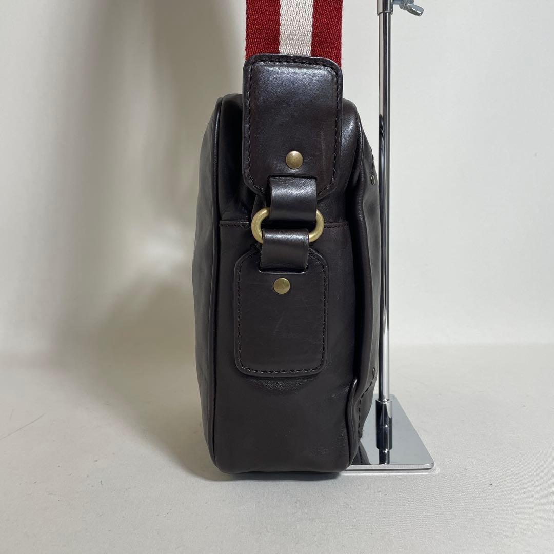 Authentic Bally Leather Dark Brown Shoulder Bag 21cm Compact Mens Bag