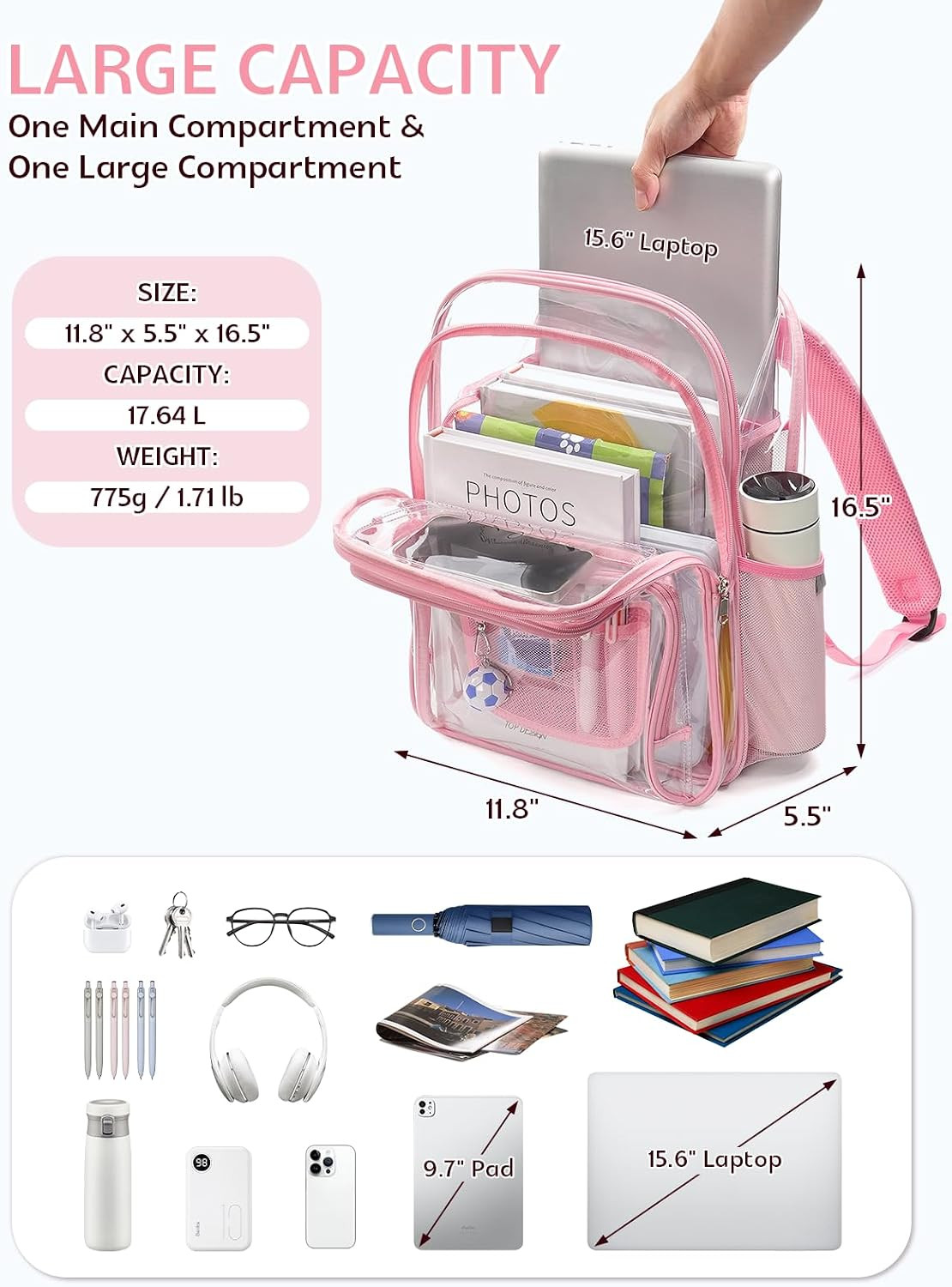 Double Layer Clear Backpack with Wide Straps, Transparent See through Bag Heavy