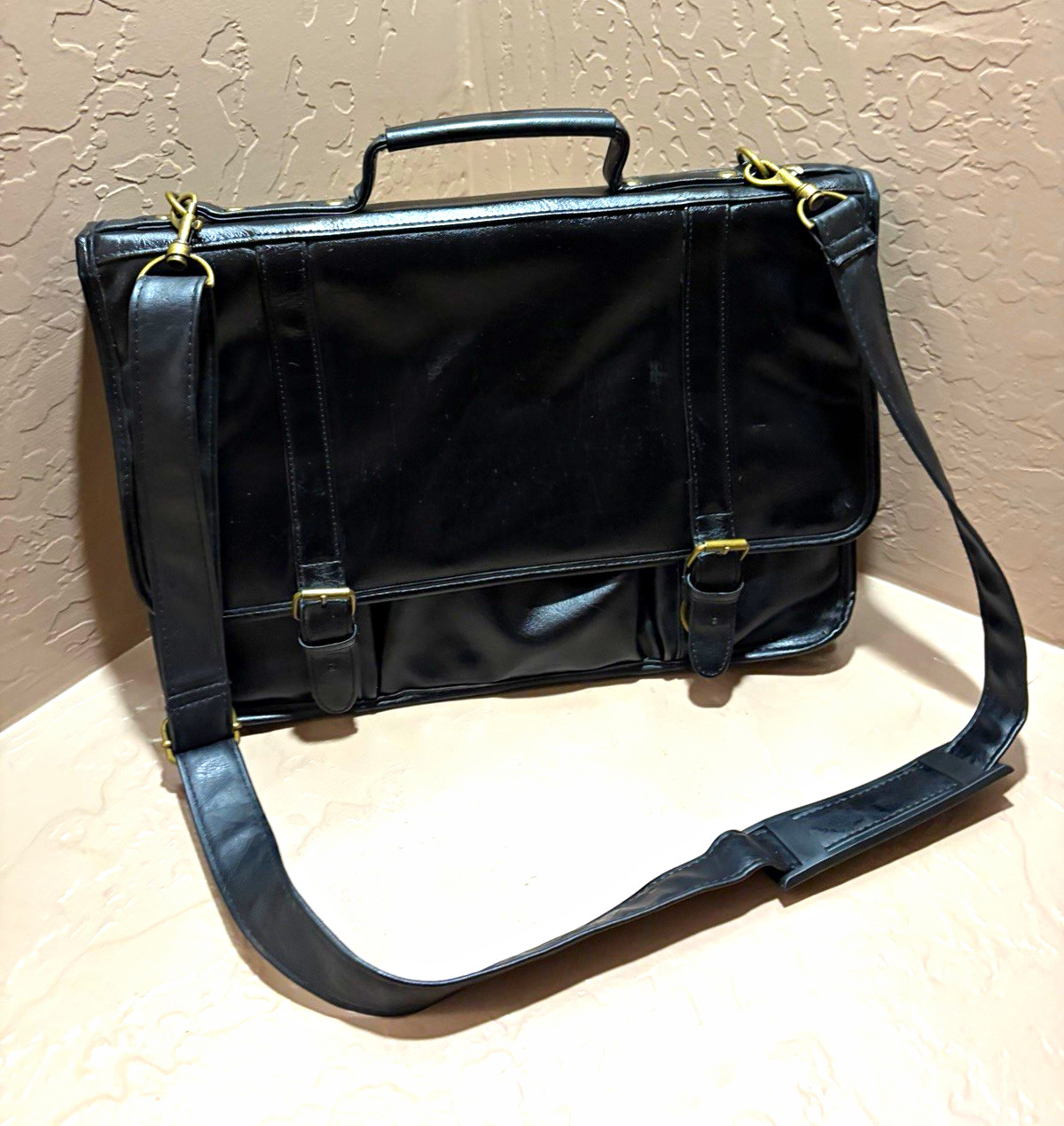 Black Durahide Leather Briefcase Shoulder Strap Buckle Zip Organizer-Slight Used