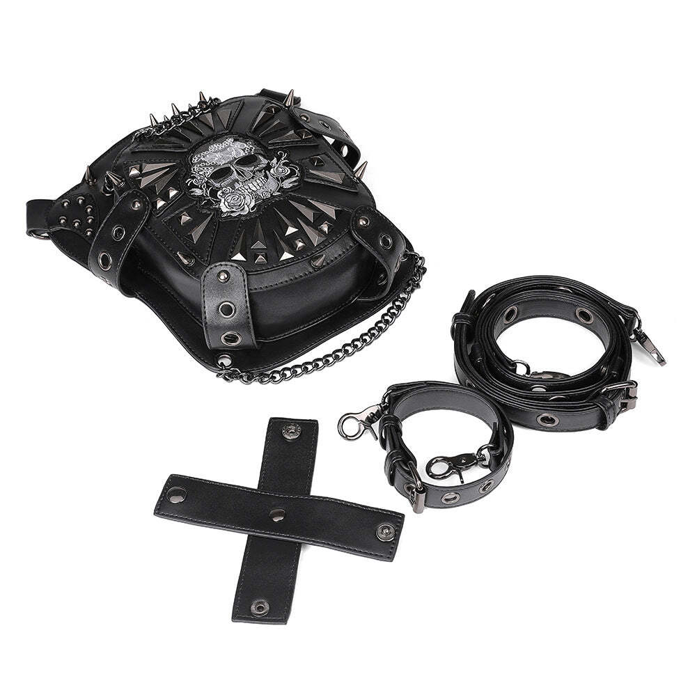 Embroidered Skull Spikes Rivets & Chains Black Leather Backpack