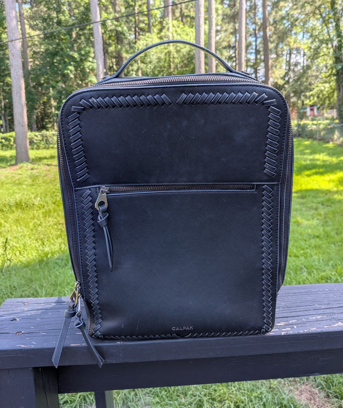 CALPAK Black Backpack, Zip Closure, Top Handle, Front Zip Pocket, Unisex