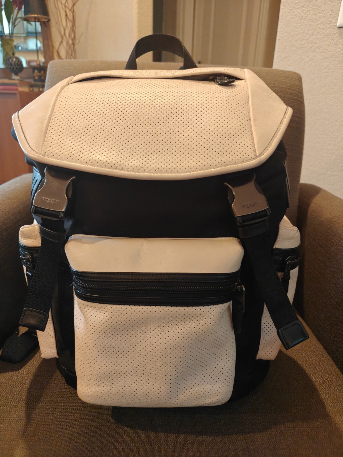 Coach Terrain Trek Backpack Perforated Leather Laptop Bag Black Chalk F57477