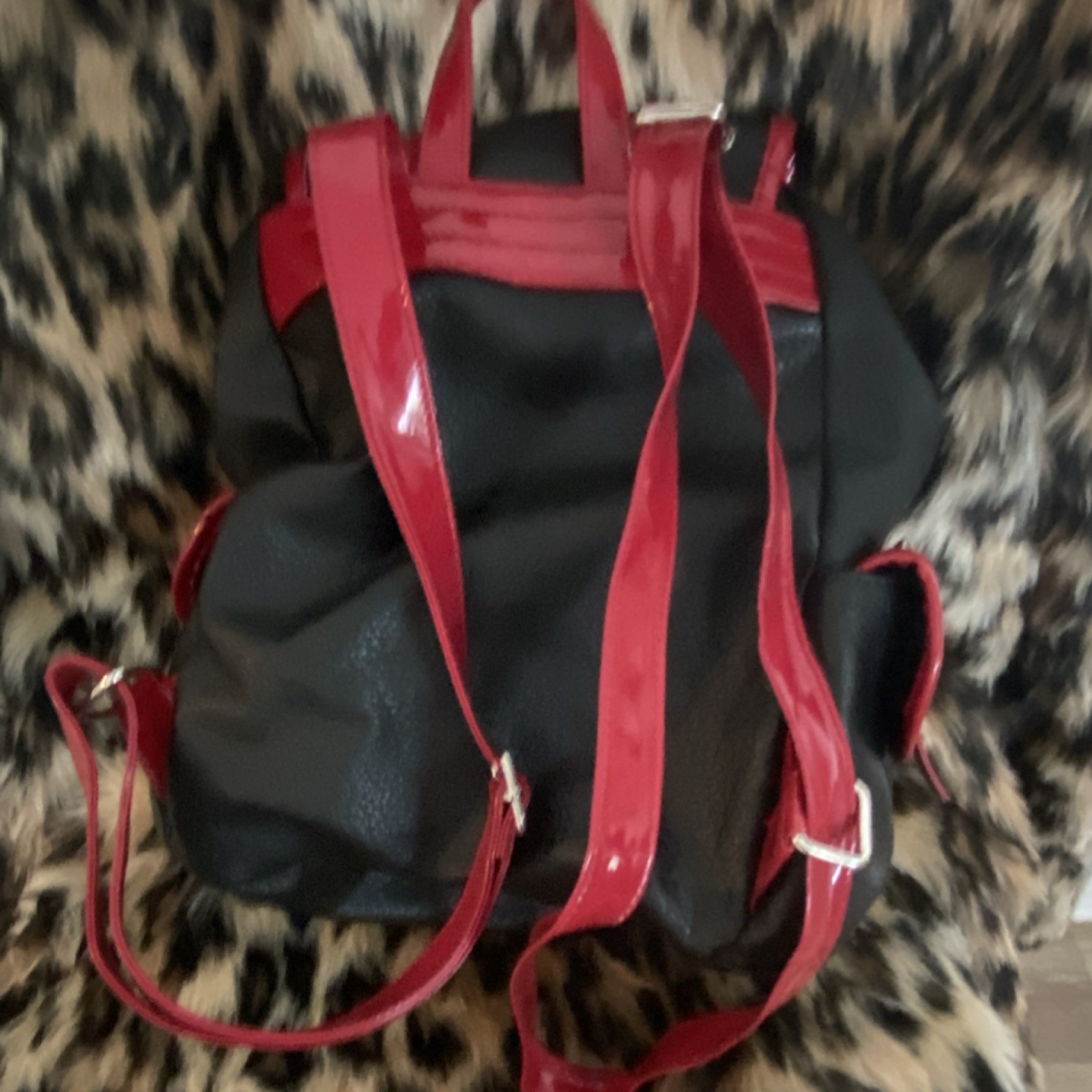 Social Collision Black Red Backpack Buckle Drawstring Adjustable Strap