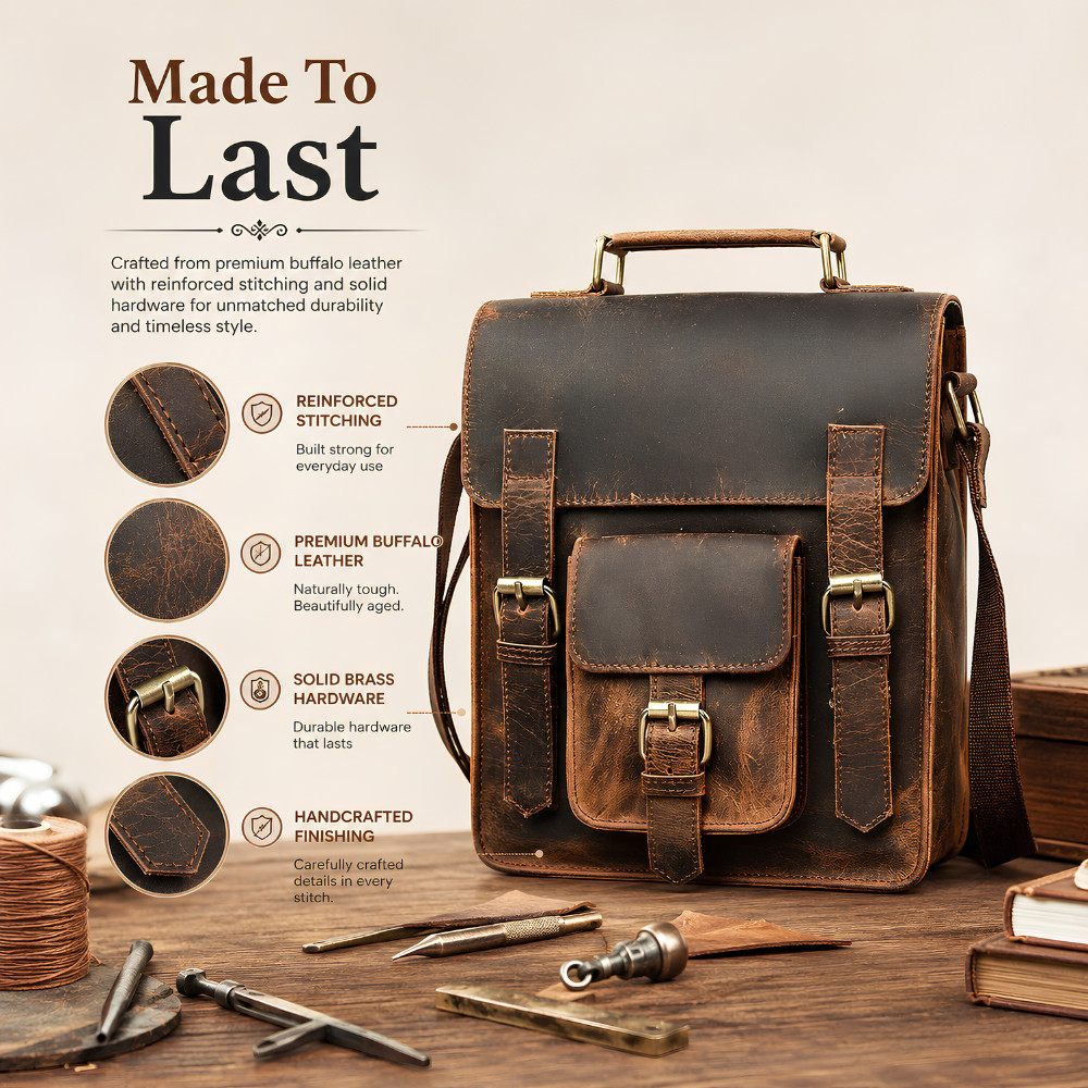11″ Buffalo Leather Sling Bag Mens Dark Brown For iPad, Tablet Crossbody Strap
