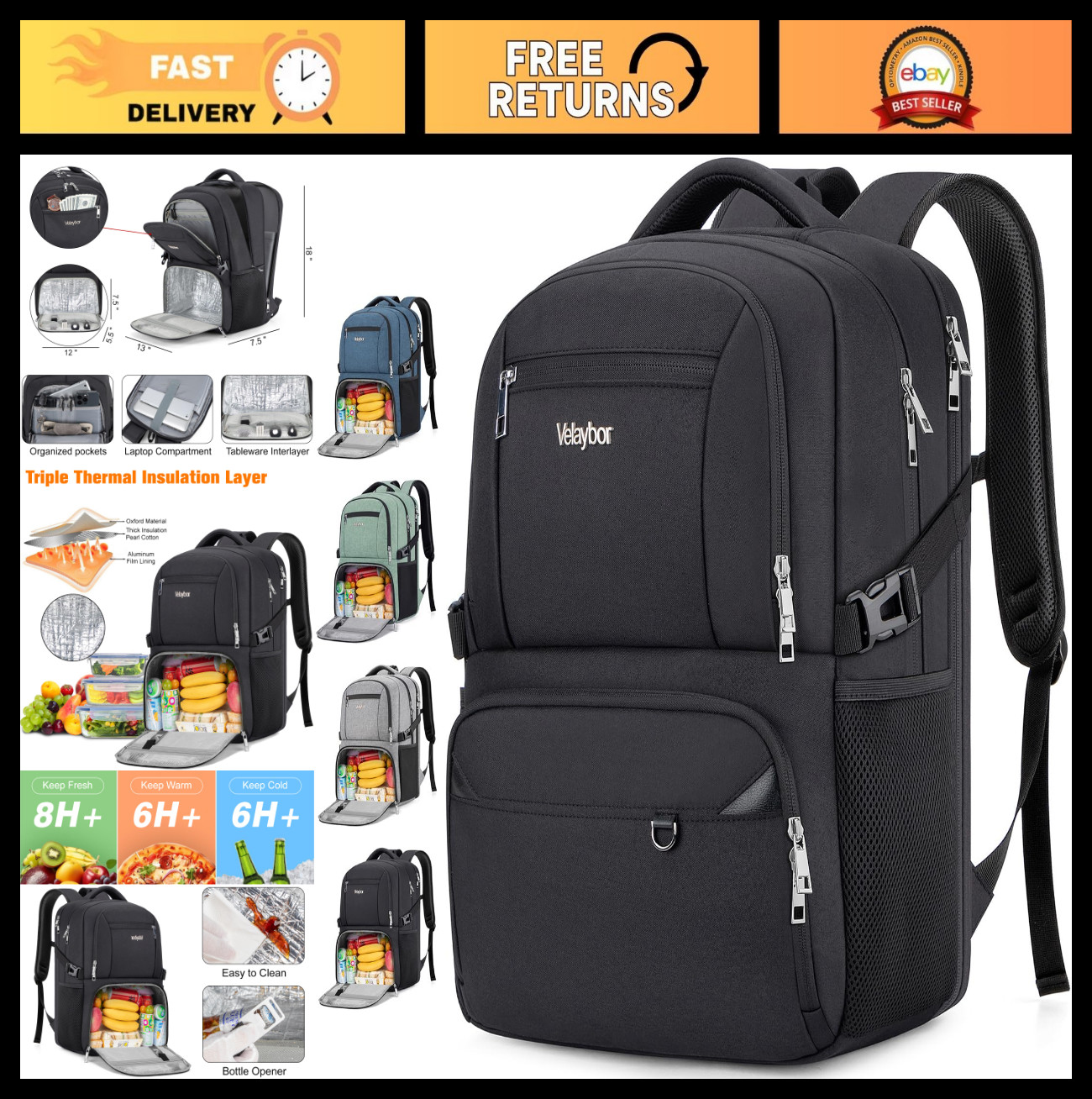 Insulated Lunch Backpack for 17″ Laptop, Water-Resistant Work & Travel Bag