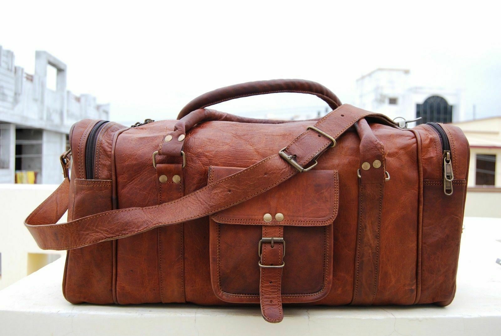 Heavy Duty Leather Duffle Bag Overnight Weekend Travel AirCabin Carryon Luggage