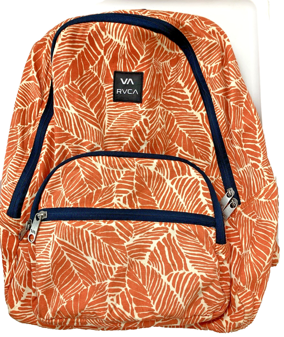 RVCA Backpack Orange Leaf Print Unisex 100% Cotton Lightweight Zip Closure