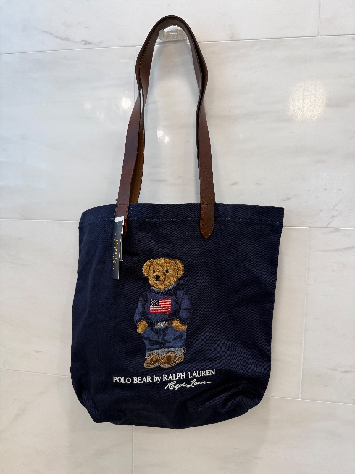 NWT Polo Ralph Lauren Navy FLAG SWEATER BEAR Cotton Twill Embroidered Tote Bag