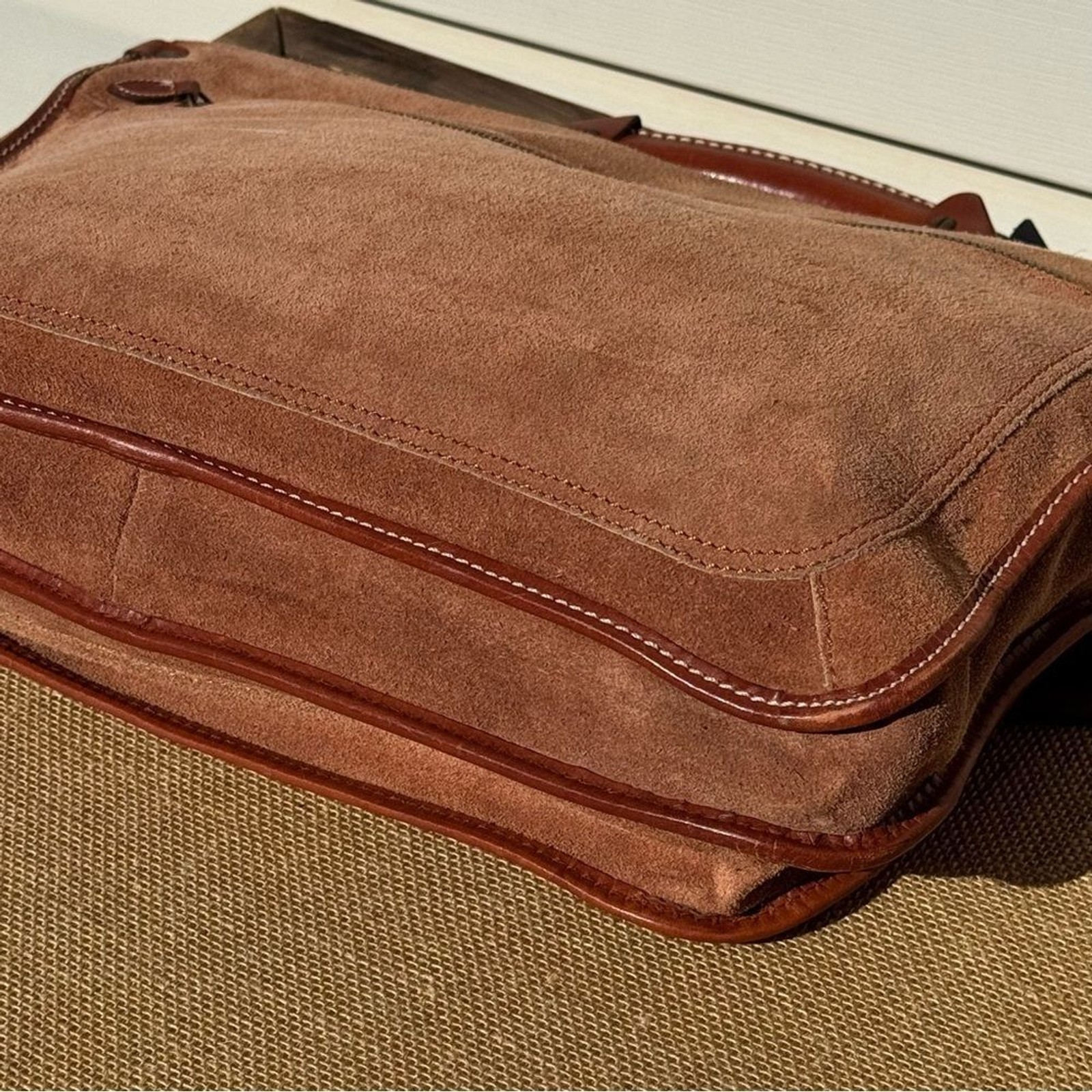 GoN Vintage Leather Suede Briefcase Messenger Bag Brown Plaid Lined 17”