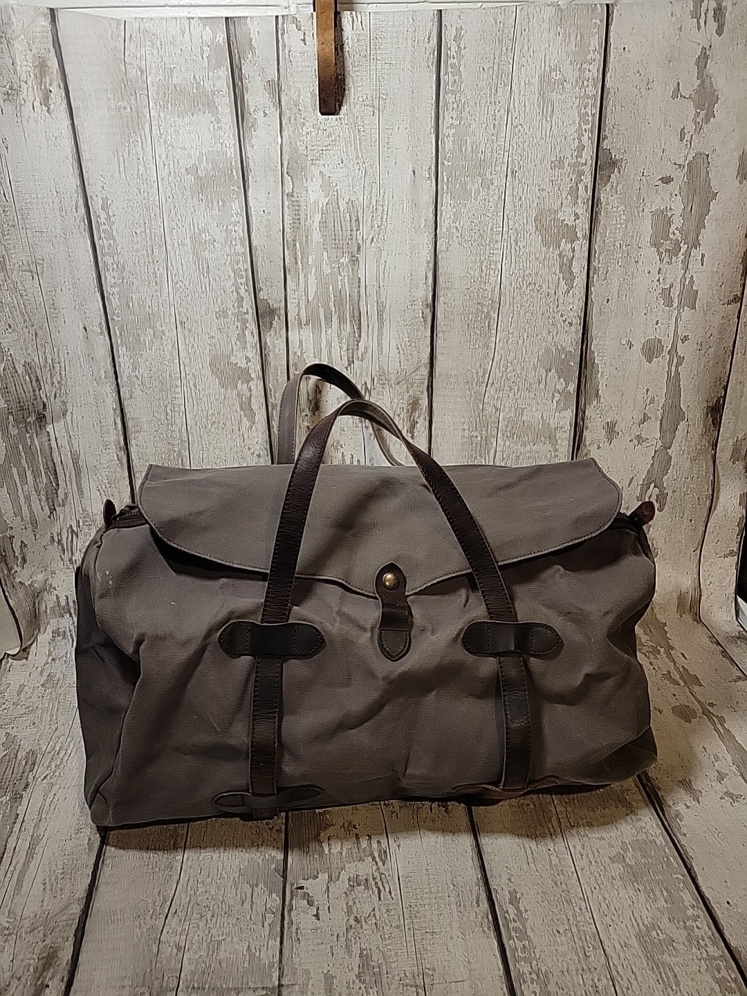 S-ZONE Distressed Gray Canvas Duffle Bag Brown Leather Trim Travel Bag NO STRAP